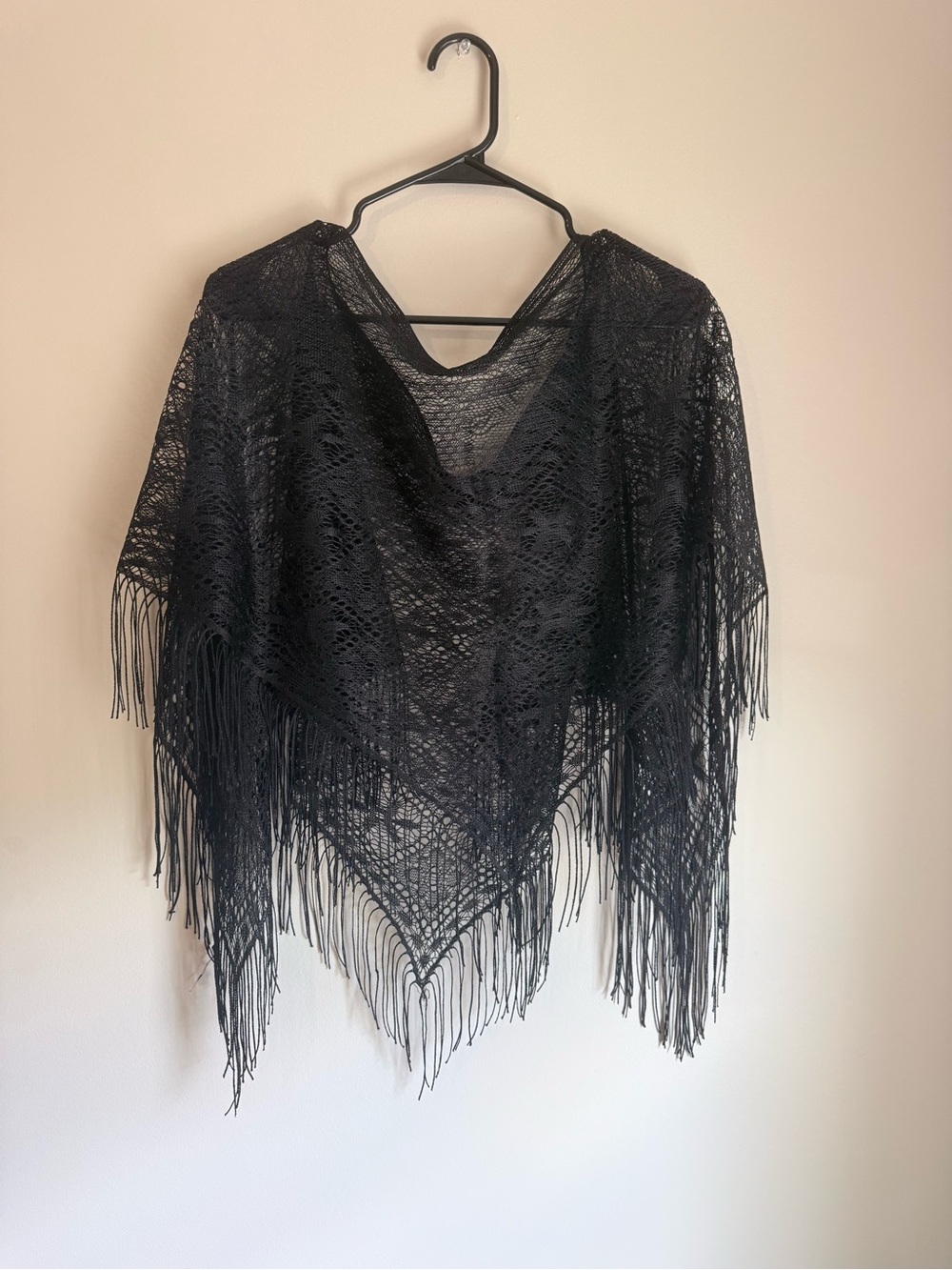 Black Open-Knit Fringe Poncho Sweater